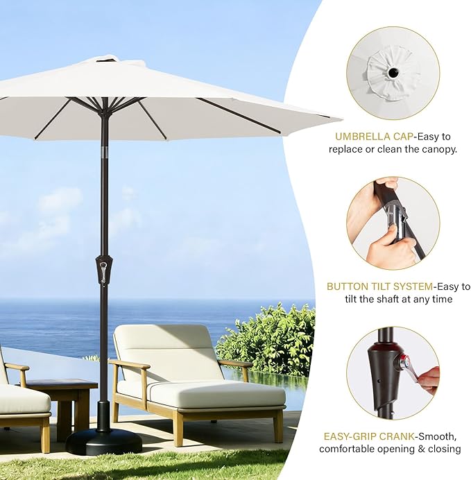 MEWAY 9ft Patio Umbrella Outdoor Table Umbrellas with Push Button Tilt and Crank, Market Umbrella 8 Sturdy Ribs for Deck, Garden, Pool and Backyard, Off-white