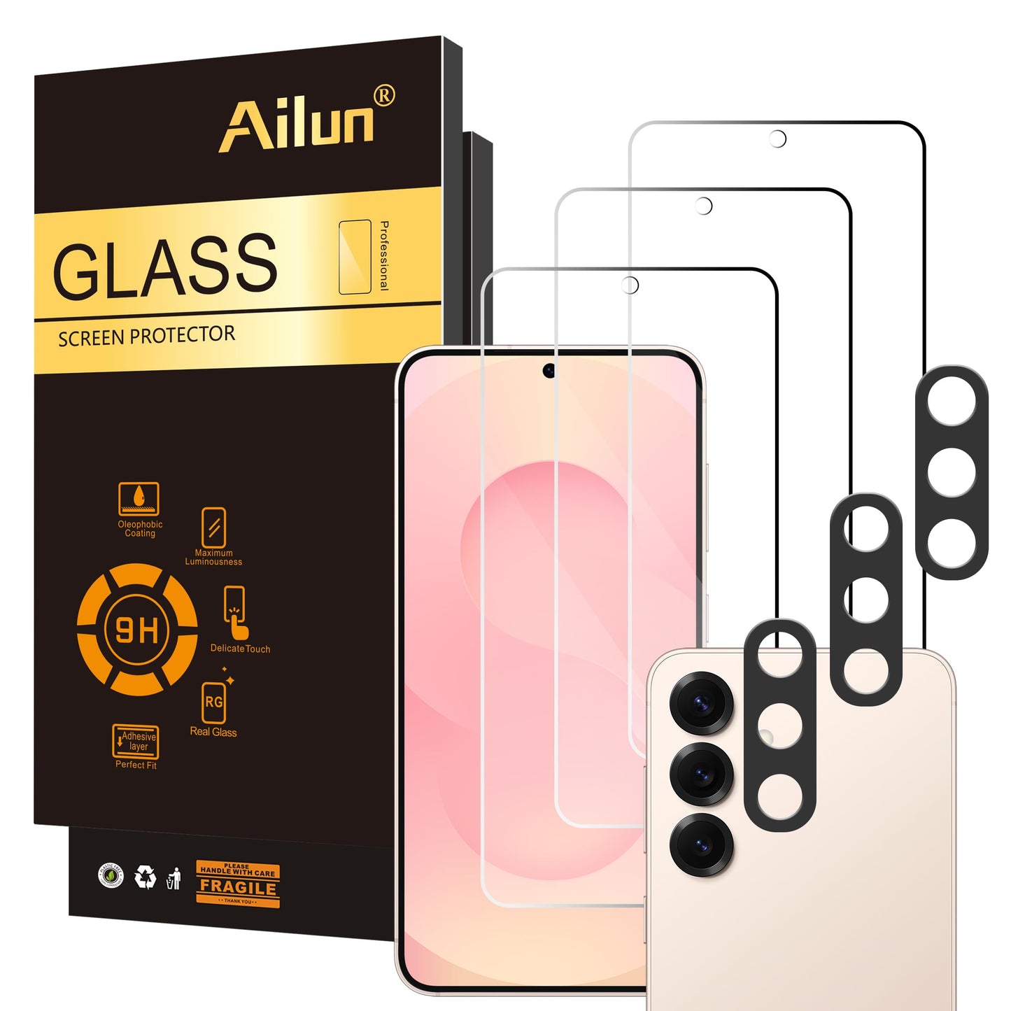 Ailun Screen Protector for Galaxy S22+/S22 Plus 5G 6.6 Inch Display 3Pack + 3Pack Camera Lens Tempered Glass Fingerprint Unlock 0.25mm Clear Anti-Scratch Case Friendly [Not For S22 Ultra]