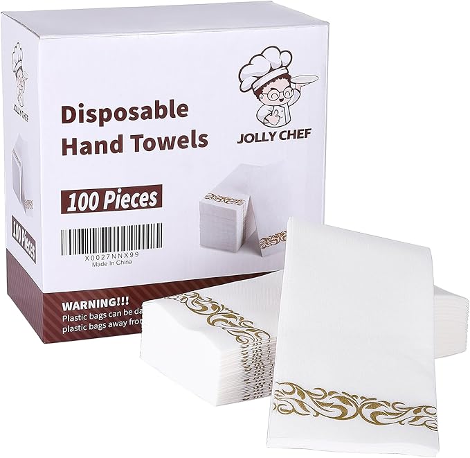 JOLLY CHEF 100 Disposable Hand Towels, Soft and Absorbent Linen Feel Dinner