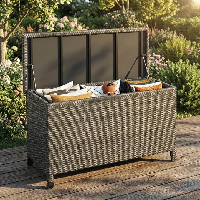 GarveeLife Outdoor Wicker Storage Box, PE Rattan Patio Storage Chest