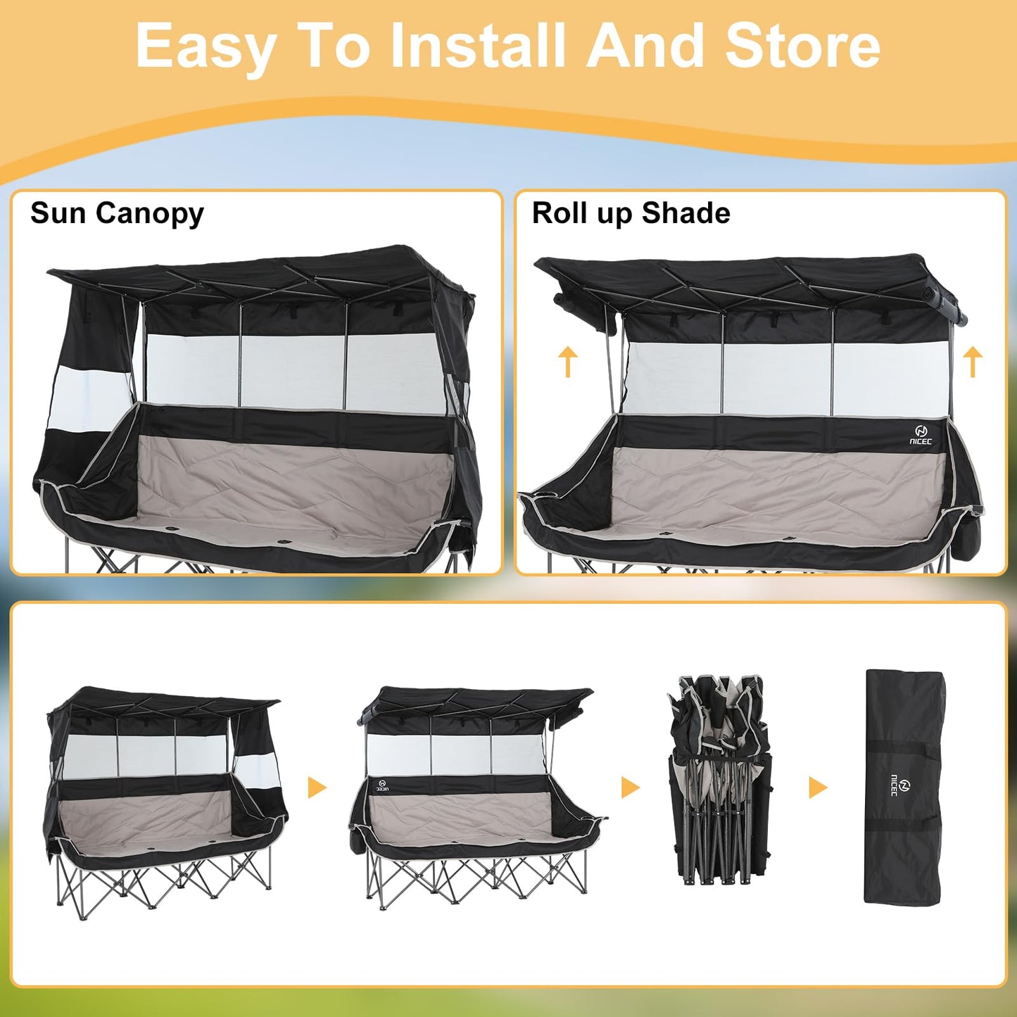 Nice C 3 Person Camping Chair with Canopy, Oversized Double Chair with Shade, Umbrella Chairs Loveseat Couch, Folding Padded Sports Bench with Cup Holder Cooler Bag for Adult Outdoor Lawn(Black&Grey)