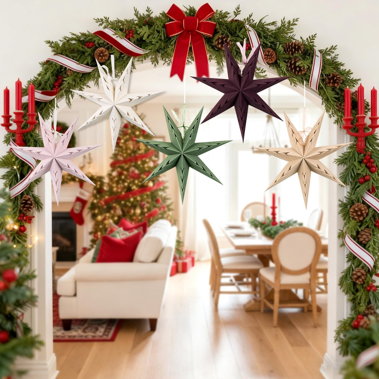 Paper Star Lanterns Hanging Boho Christmas Ornaments 5PCS 12 inch for Xmas Wedding Birthday Christmas Home Party Decorations