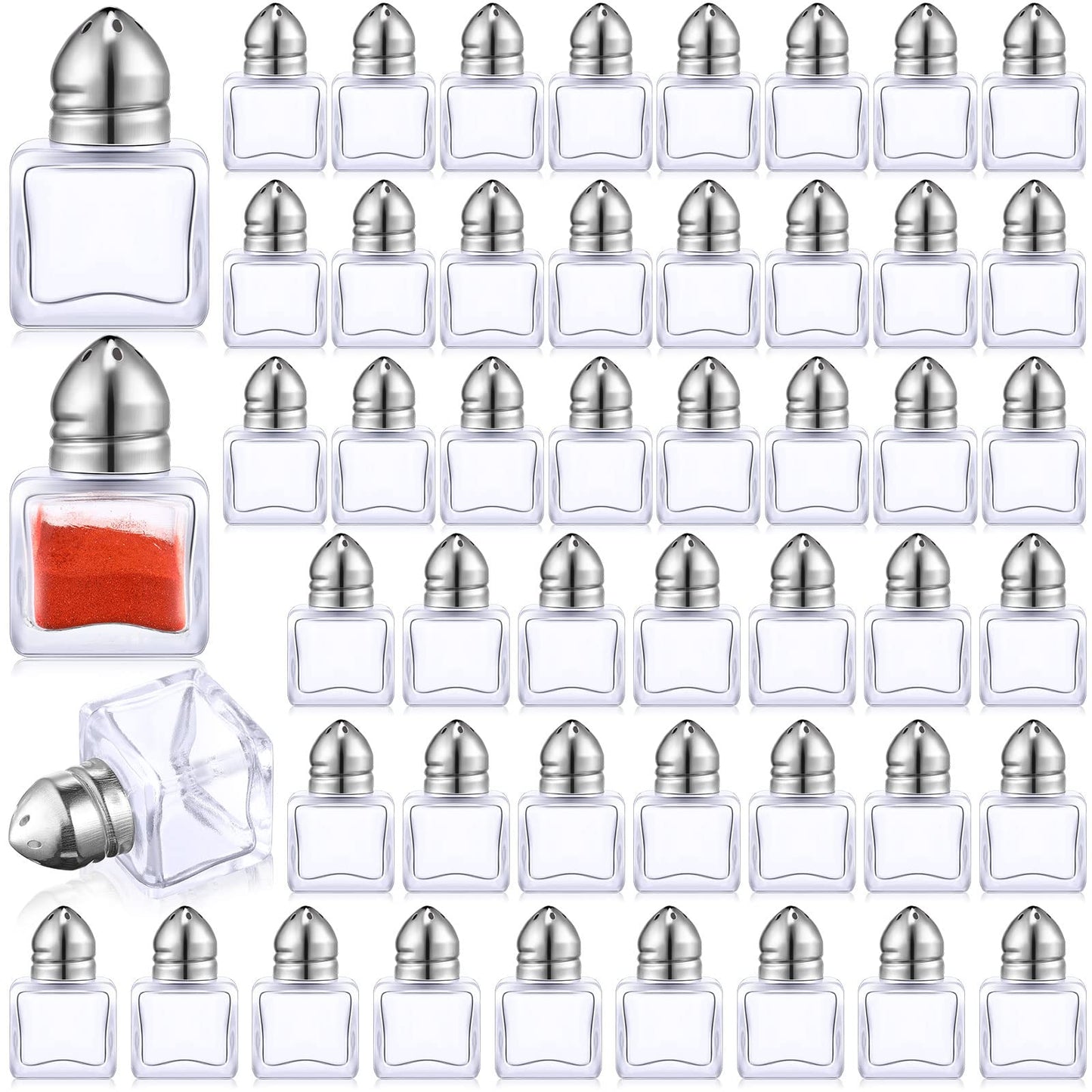 Potchen 50 Set Mini Salt and Pepper Shakers Small Salt and Pepper Shakers Bulk Clear Glass Individual Tiny Spice Seasoning Holders for Home Restaurant Kitchen Table Wedding Party Supplies(Silver)