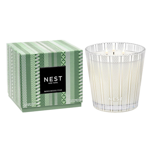 NEST New York Scented 3-Wick Christmas Tree Candle, Birchwood Pine - 21.2 oz - Up to 100-Hour Burn Time - Reusable Glass Vessel
