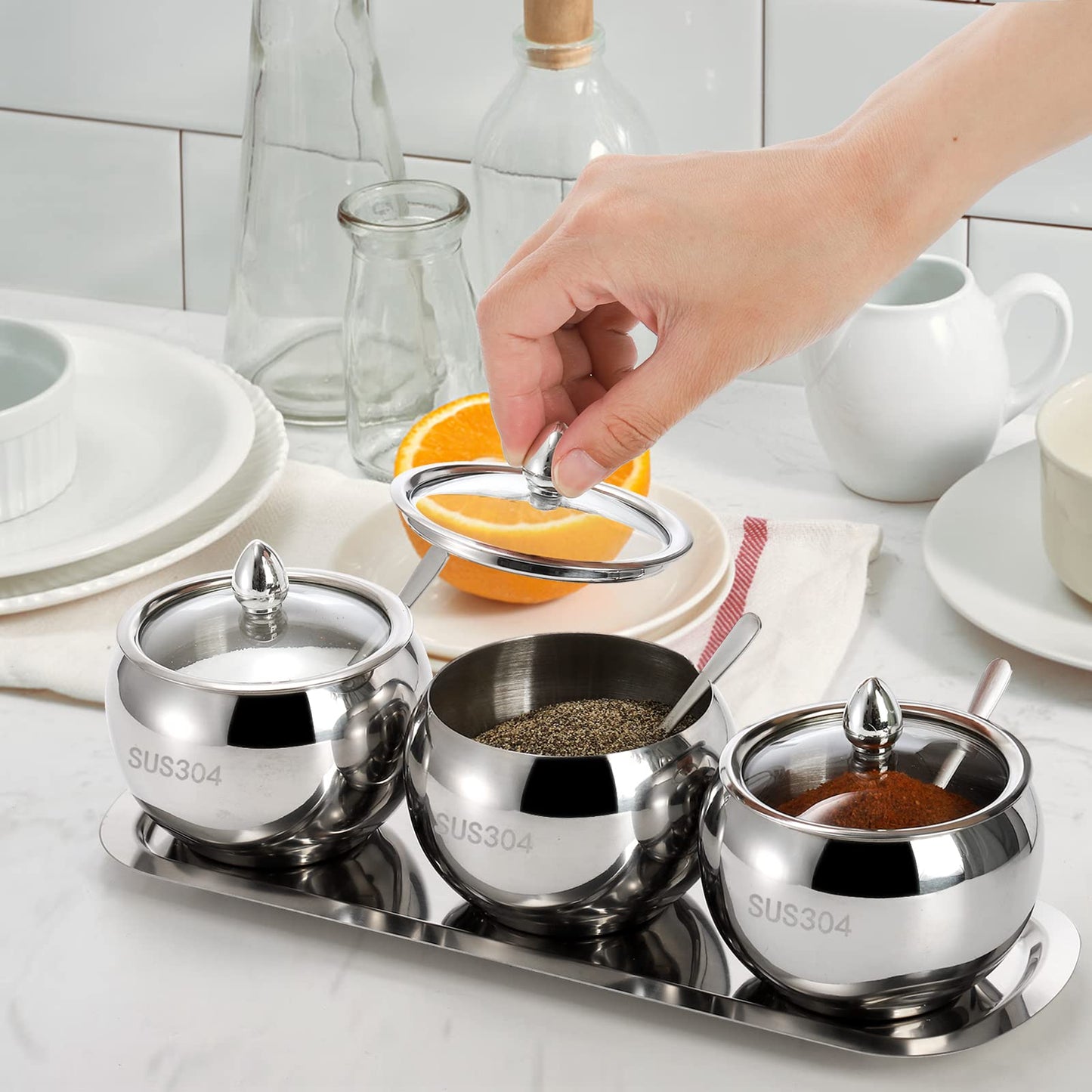 Hedume 3 Grids 304 Stainless Steel Seasoning Containers Set with Lid Spoon and Tray, Condiment Jar Spice Container, Condiment Canisters Pots for Serving Sugar, Pepper, Salt, Spice