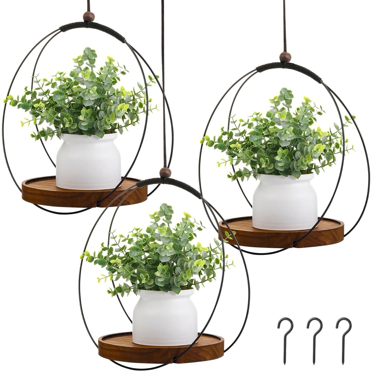Threehoney 3 Pack Hanging Planters for Indoor Black Plant Hanger with Round Wood Base Large Indoor Hanging Plant Shelf Boho Holder Gift for Mom,housewarming (7.9 '')