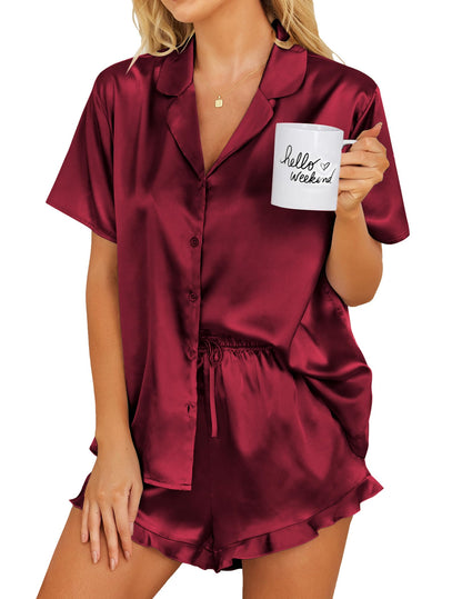 Ekouaer Womens Satin Pajamas Set Button Down 2 Piece Silk Pjs Shorts Set Ruffle Lingerie Notch Collar Sleepwear