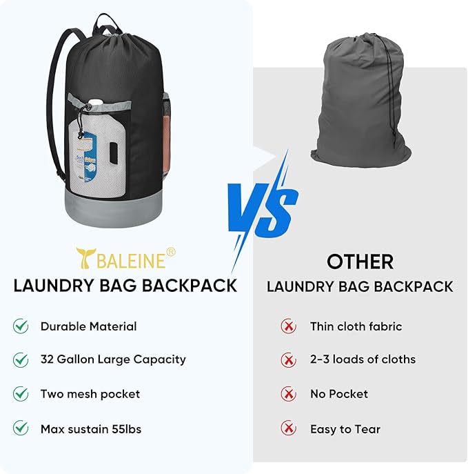 BALEINE 2PK 120L Laundry Bag Backpack, 900D Oxford Fabric Large Travel Laundry