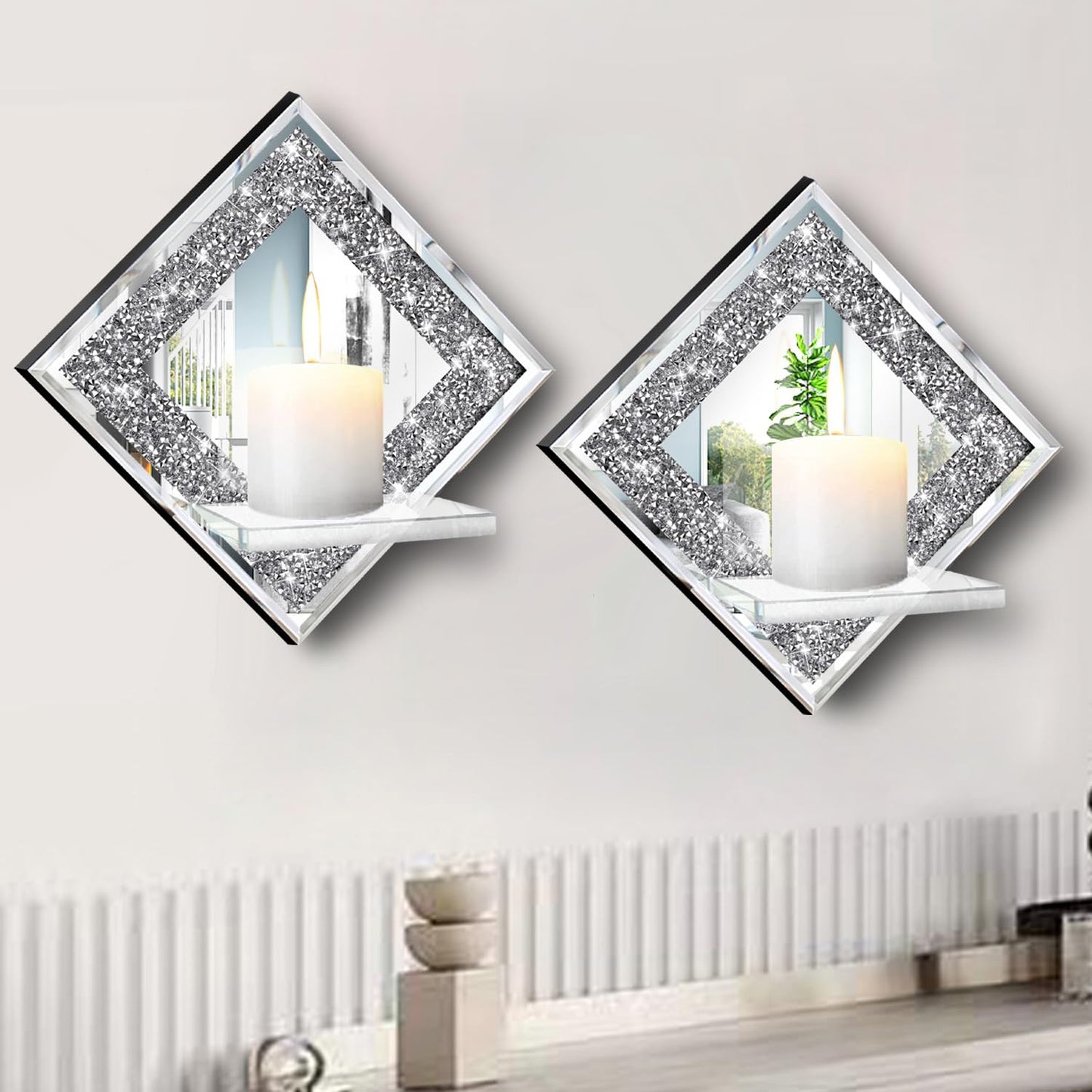 ZOLAPI Crystal Crush Diamond Wall Candle Holder Set of 2, Diamond Silver Mirrored Candle Sconces, Home Wall Decoration for Living Room, Dining Room & Bedroom.