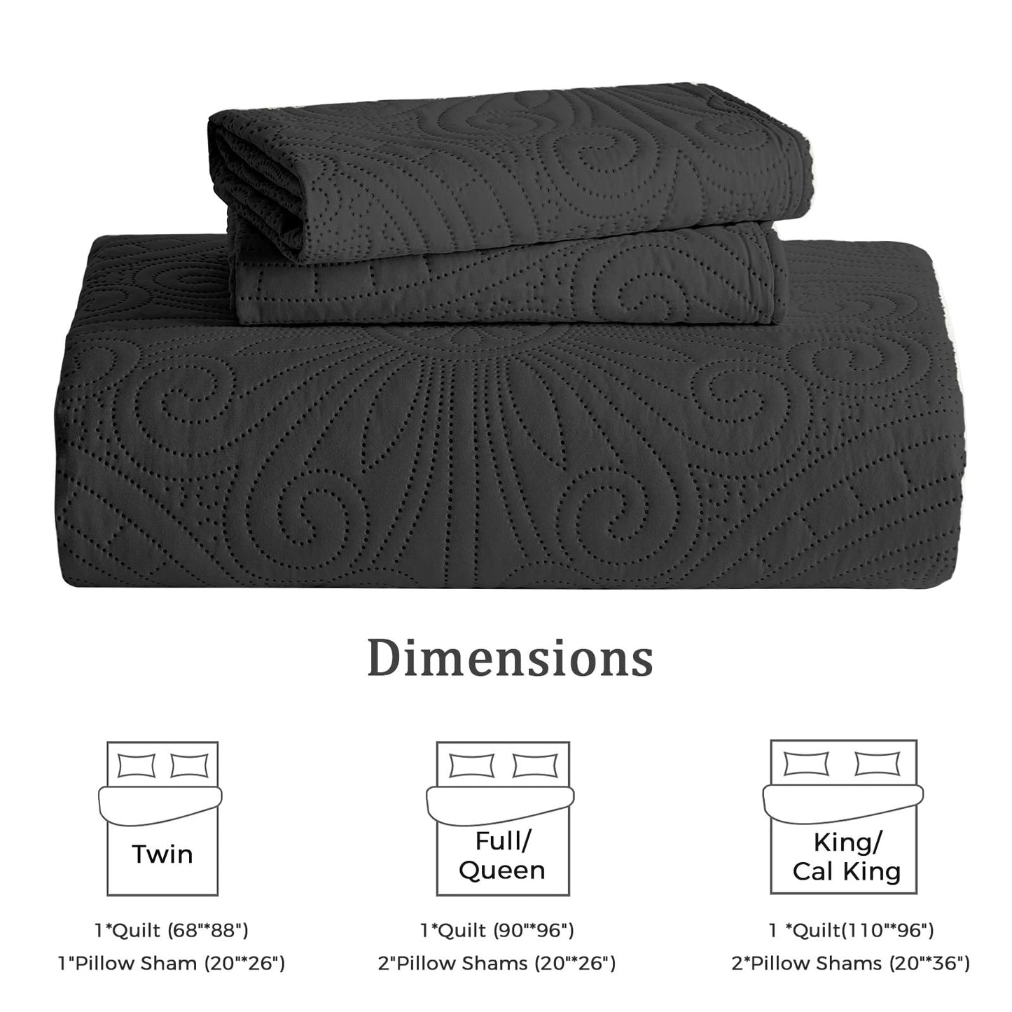 WURUIBO King/Cal King Quilt Set Black,Ultrasonic Embossed Bedspread, Lightweight Microfiber Coverlet, Modern Thin Bedding Set for All Season, 3 Piece(1 Quilt,2 Pillow Shams)