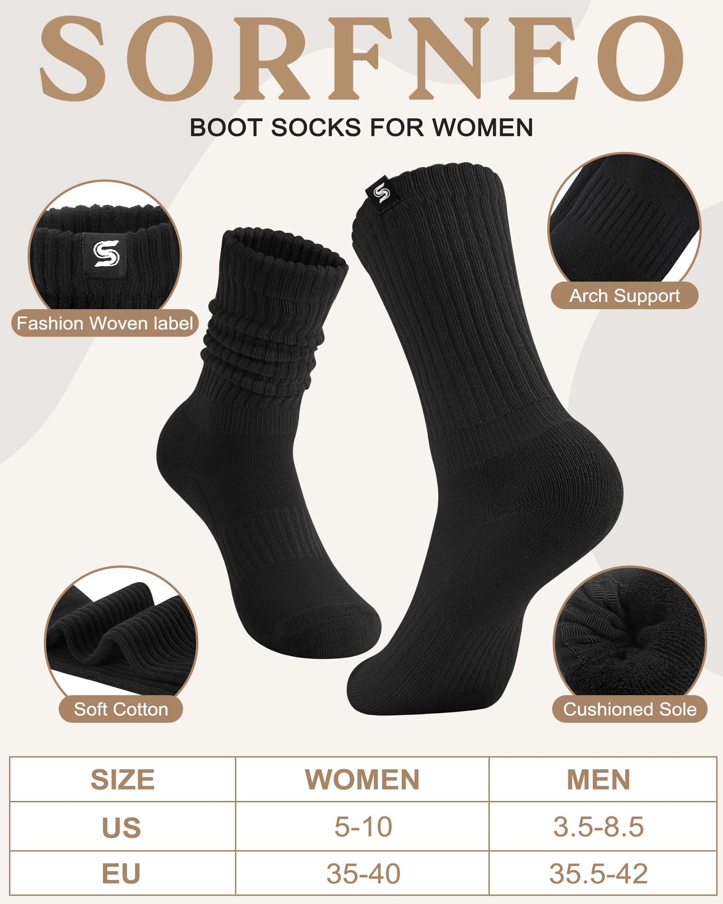 Sorfneo Athletic Slouchy Socks for Women, 4 Pairs Scrunch Cotton Comfy Boot Crew Socks, Size 5-10