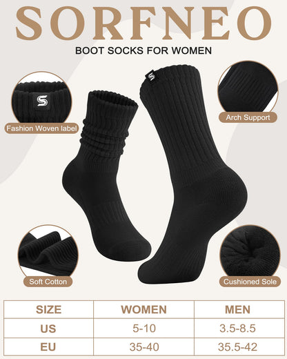 Sorfneo Athletic Slouchy Socks for Women, 4 Pairs Scrunch Cotton Comfy Boot Crew Socks, Size 5-10