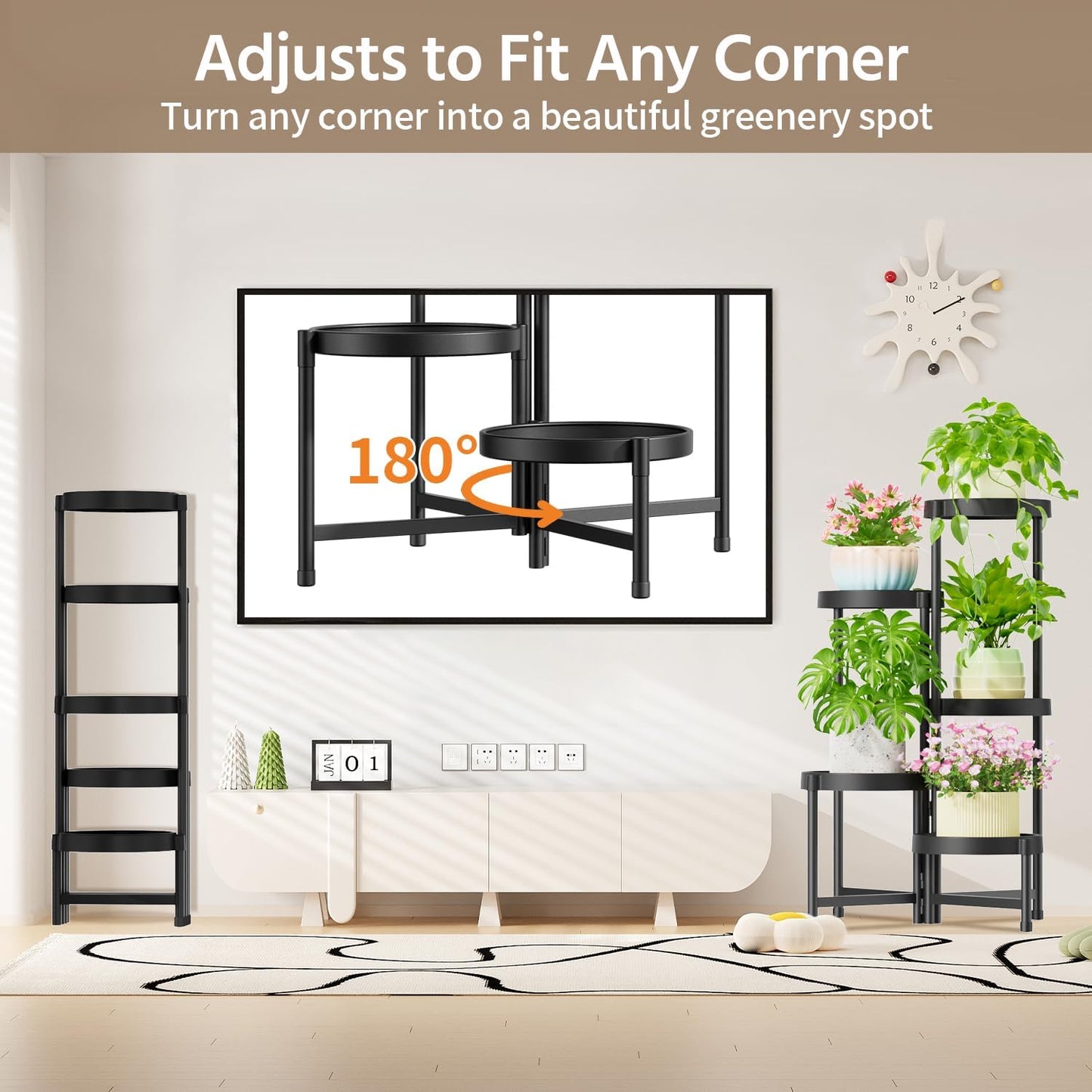 LASZOLA 5 Tiered Plant Stand Indoor Outdoor with Plastic Tray, Corner Folding Tall Flower Display Rack, Modern Plant Holder Shelf for Outdoor Patio Porch Garden Office Living Room, Black