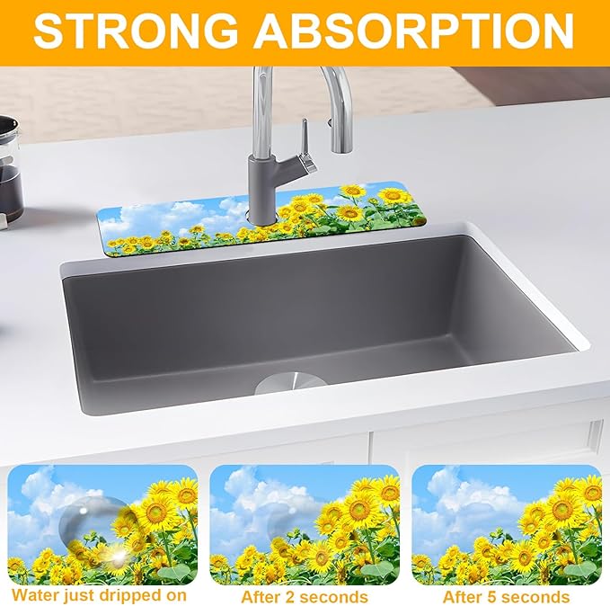 2 Pack Sunflower Field Sink Faucet Absorbing Mat Sunflowers Blooming Super