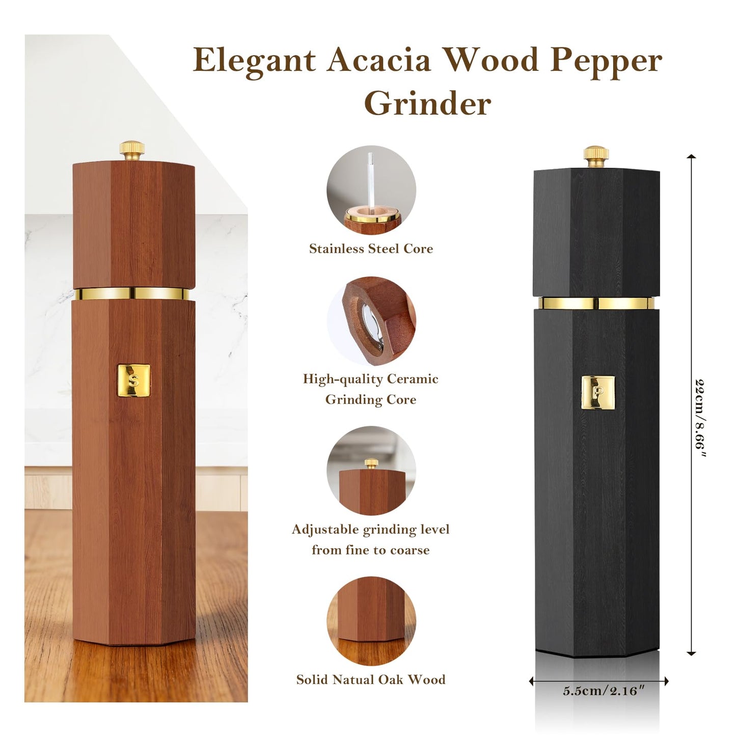 Fewuto Solid Wooden Salt and Pepper Grinder Set - Adjustable Ceramic Grinder Refillable Manual Mill Natural Wood Finish, 8 Inch Kitchen Dining Table Essential Birthday Gift 2 Pack