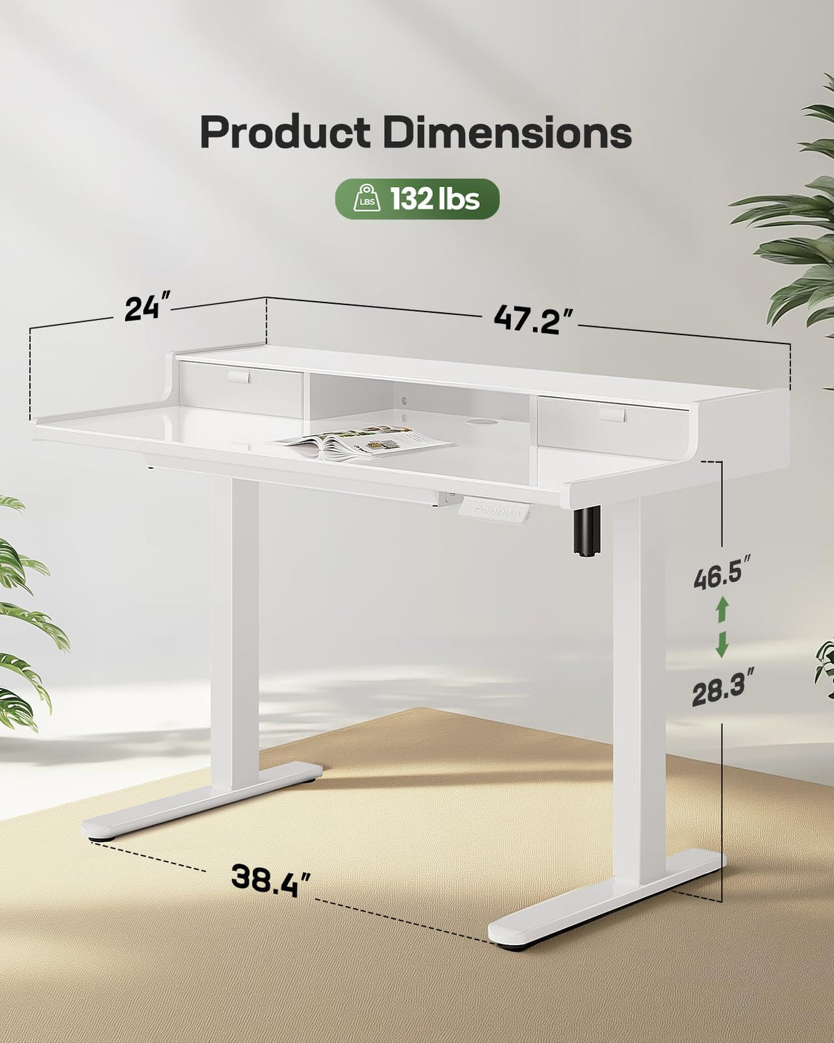 Marsail 48x24 inch Glass Standing Desk with Drawers, Computer Desk with Monitor Stand, Home Office Adjustable Table with Drawers, 4 Preset Heights, Stand up Table for Home, Office, White