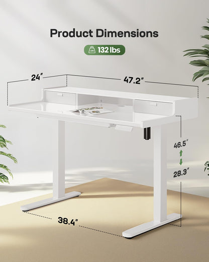 Marsail 48x24 inch Glass Standing Desk with Drawers, Computer Desk with Monitor Stand, Home Office Adjustable Table with Drawers, 4 Preset Heights, Stand up Table for Home, Office, White