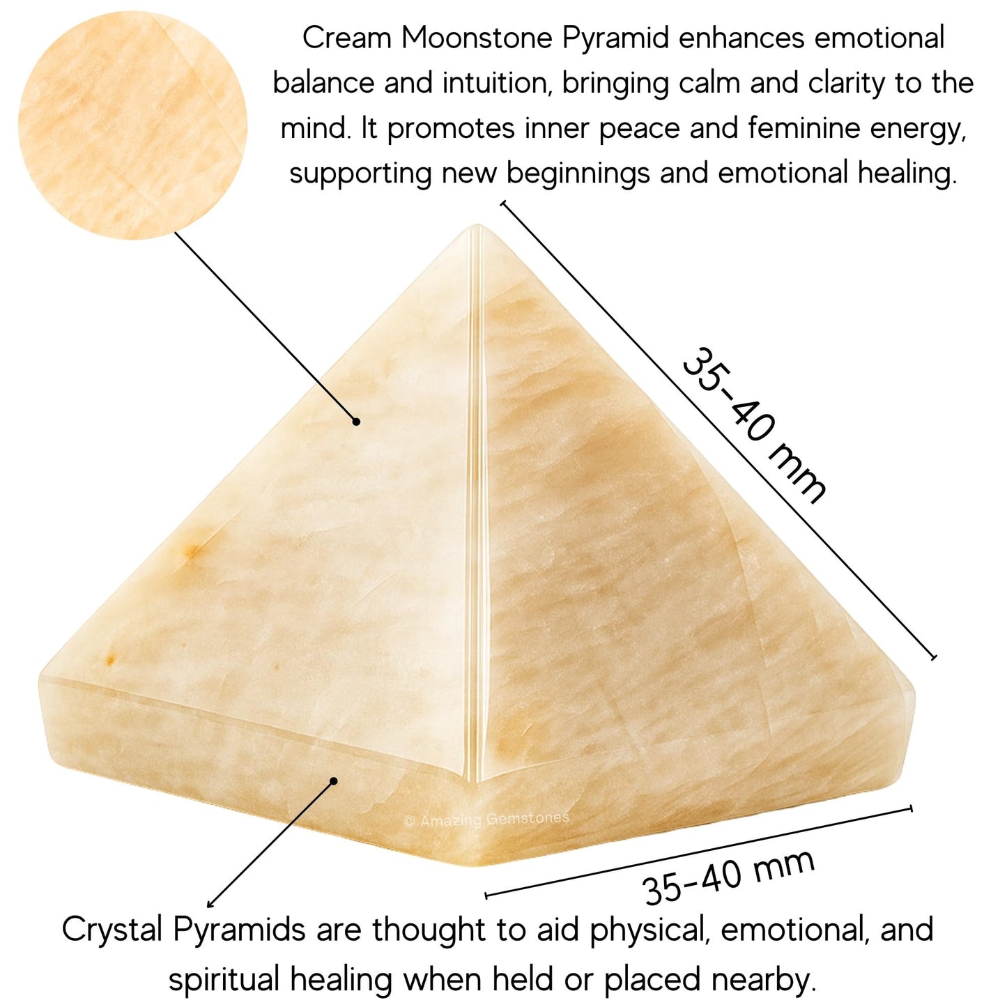Amazing Gemstone Cream Moonstone Pyramid Crystal Healing Stones - 1.5" Great Pyramid Figurine of Natural Stone Pyramid for Meditation, Reiki, Chakra Balancing and Crystal Pyramids Grid