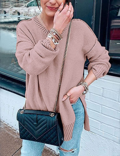 MEROKEETY Women's 2025 Fall Winter Oversized Pullover Sweater Casual Loose Crew Neck Long Sleeve Side Split Jumper Tops