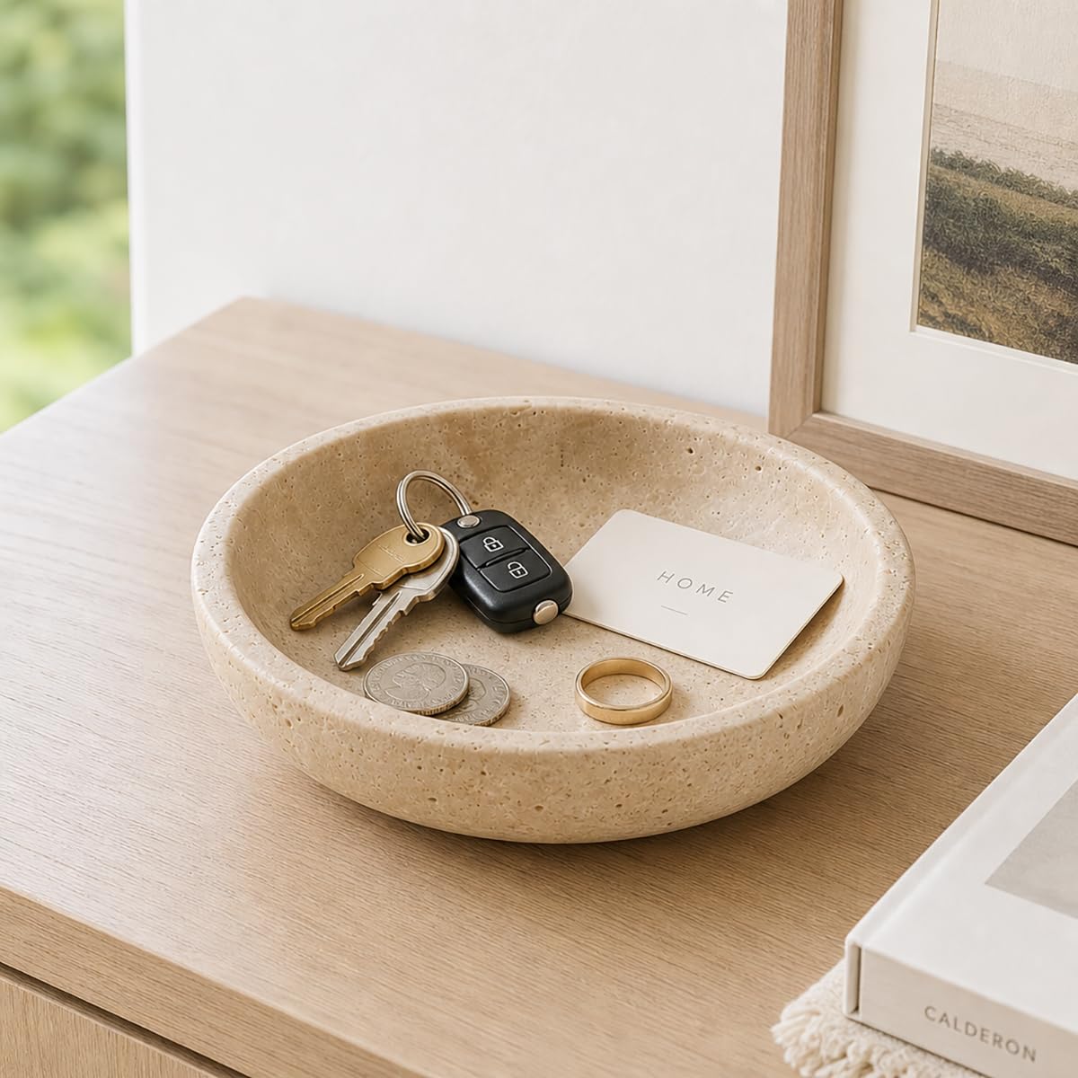 IVWOXO Natural Travertine Decorative Bowl for Coffee Table – 7.8”Handmade Beige Stone Fruit Bowl, Key Bowl for Entryway Table, Modern Catchall Tray, Vanity Jewelry Dish, Rustic Home Decor Centerpiece
