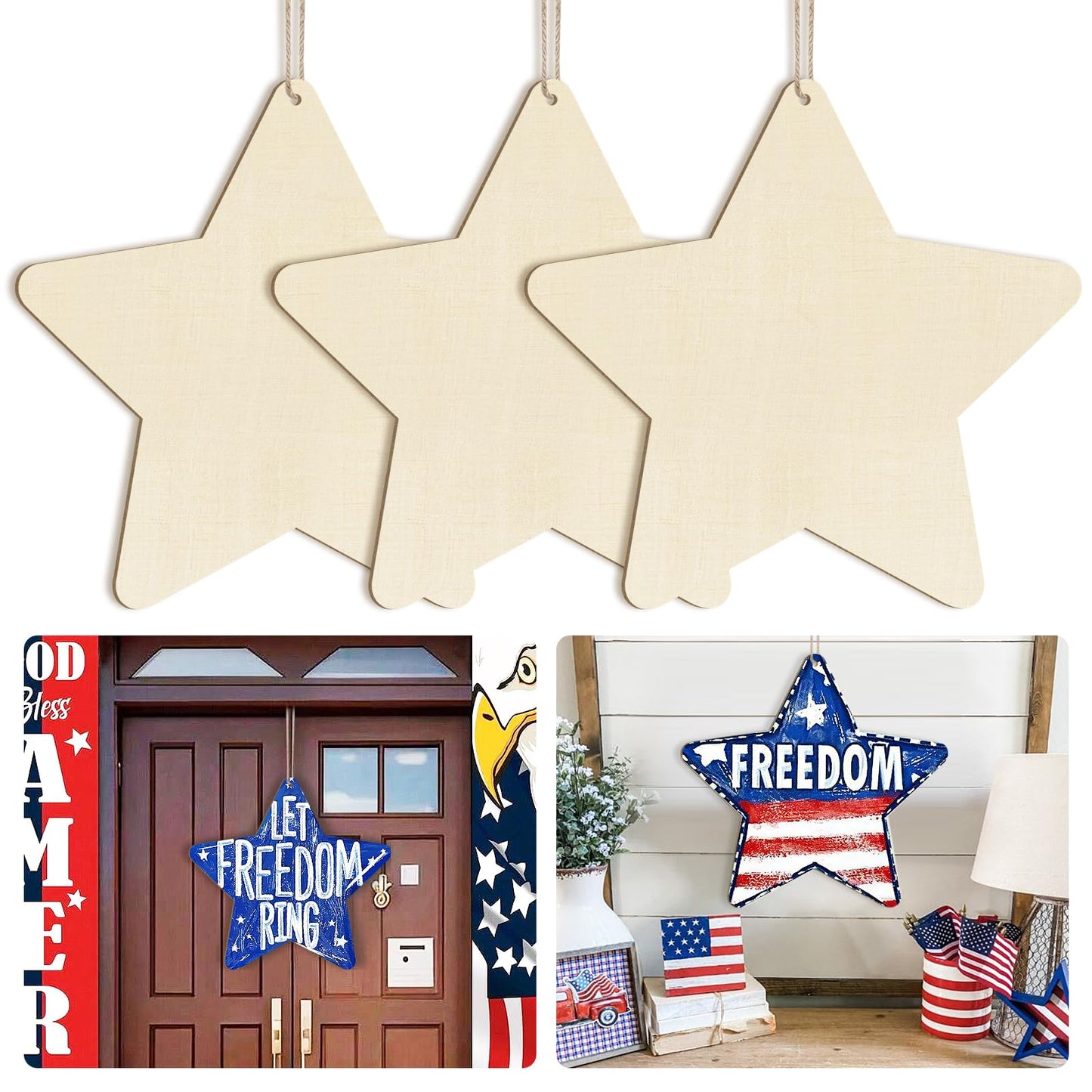 Large Size 12" Wooden Star Ornaments to Paint, Wooden DIY Blank Unfinished 4th of July Door Sign Wreath Door Hanging Sign Plaque Crafts Hanging Patriotic Day Independence Day Decorations 3PCS