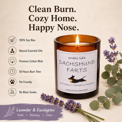 Dachshund Gifts & Decor, Weiner Dog Gifts for Women, Smells Like Dachshund Farts Candle - Lavender & Eucalyptus, Crafted by Natural Soy Wax & Natural Essential Oils