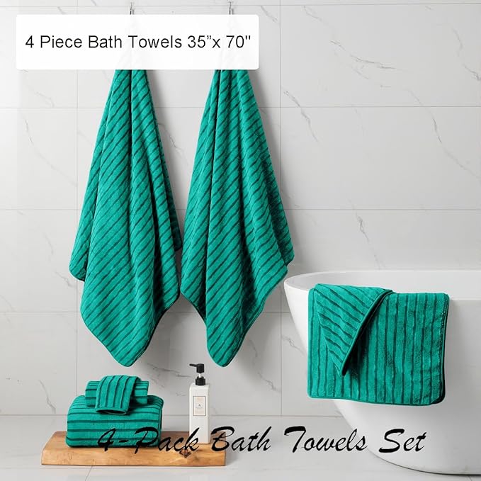 4 Pcs Blue Green Cabana Stripe Large Bath Towels 35"x70" Oversized Bath Sheet