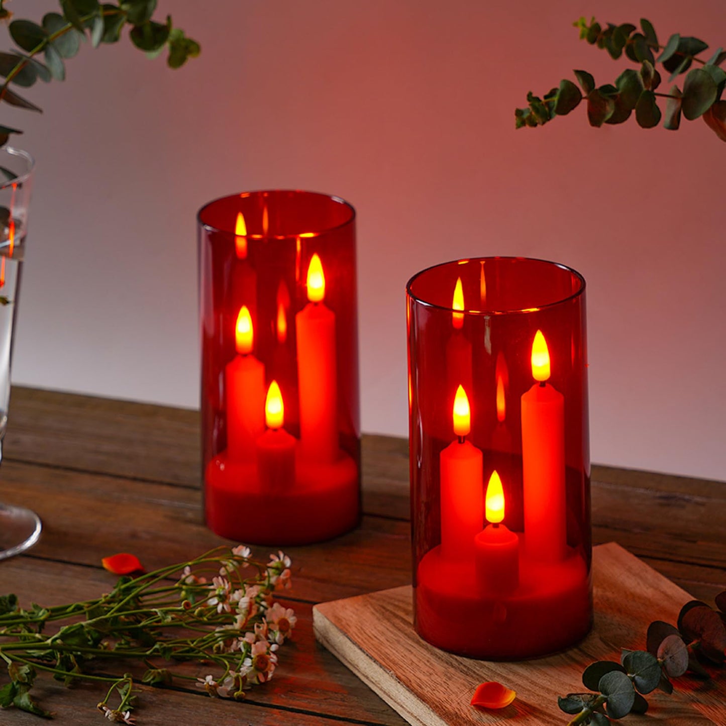2 Pack 3D Wick Flameless Taper Candles, Red Transparent Acrylic Cover LED Flickering Candle Lights, Remote Control Battery Operated Electric Candles for Valentine Wedding Christmas Home Table Decor.