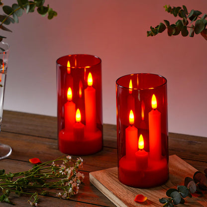 2 Pack 3D Wick Flameless Taper Candles, Red Transparent Acrylic Cover LED Flickering Candle Lights, Remote Control Battery Operated Electric Candles for Valentine Wedding Christmas Home Table Decor.