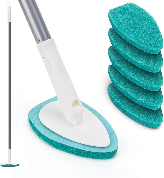 Shower Scrubber with Long Handle, Bathroom Tub and Tile Cleaning Tool with 6
