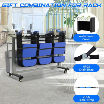 Grey Folding Chair and Table Cart-400LBS Weight Capacity Folding Chair Dolly with 4In Swivel Wheels Make Storing and Transporting Chairs Easy Chair Storage Rack with Straps and Cover to Space Saving
