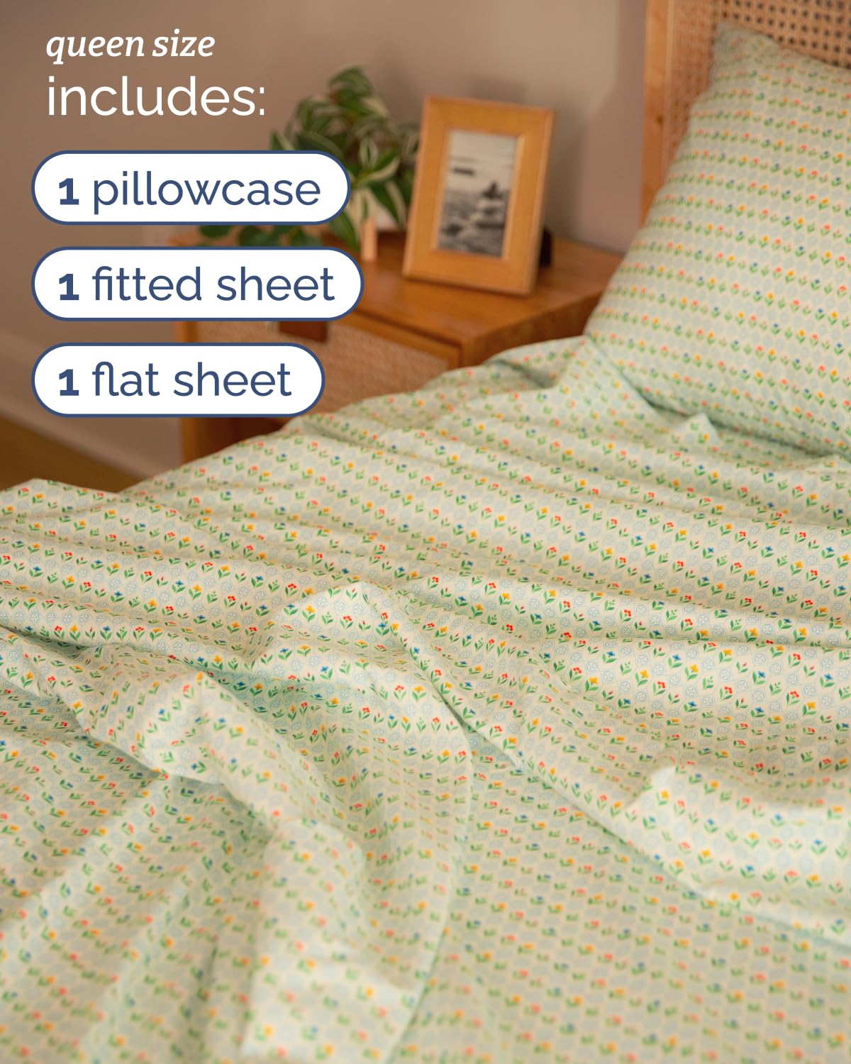 Floral Sheets - Flower Print Bed Sheet Set - 1 Flat, 1 Fitted & 2 Pillowcases w/ Deep Pockets - Comfy, Cozy, Wrinkle & Fade Free - Boho Botanical Bedding - Soft, Breathable & Cooling - Queen Size Set