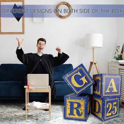 2025 Graduation Decorations Blue Class of 2025 Decorations Royal Blue and Gold Balloon Boxes with "GRAD" and"CLASS OF 2025" Letters Graduation Boxs for High School and College Grad Announcements