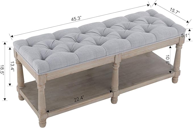Farmhouse Storage Bench Wooden Entryway Upholstered Tufted Ottoman Bench