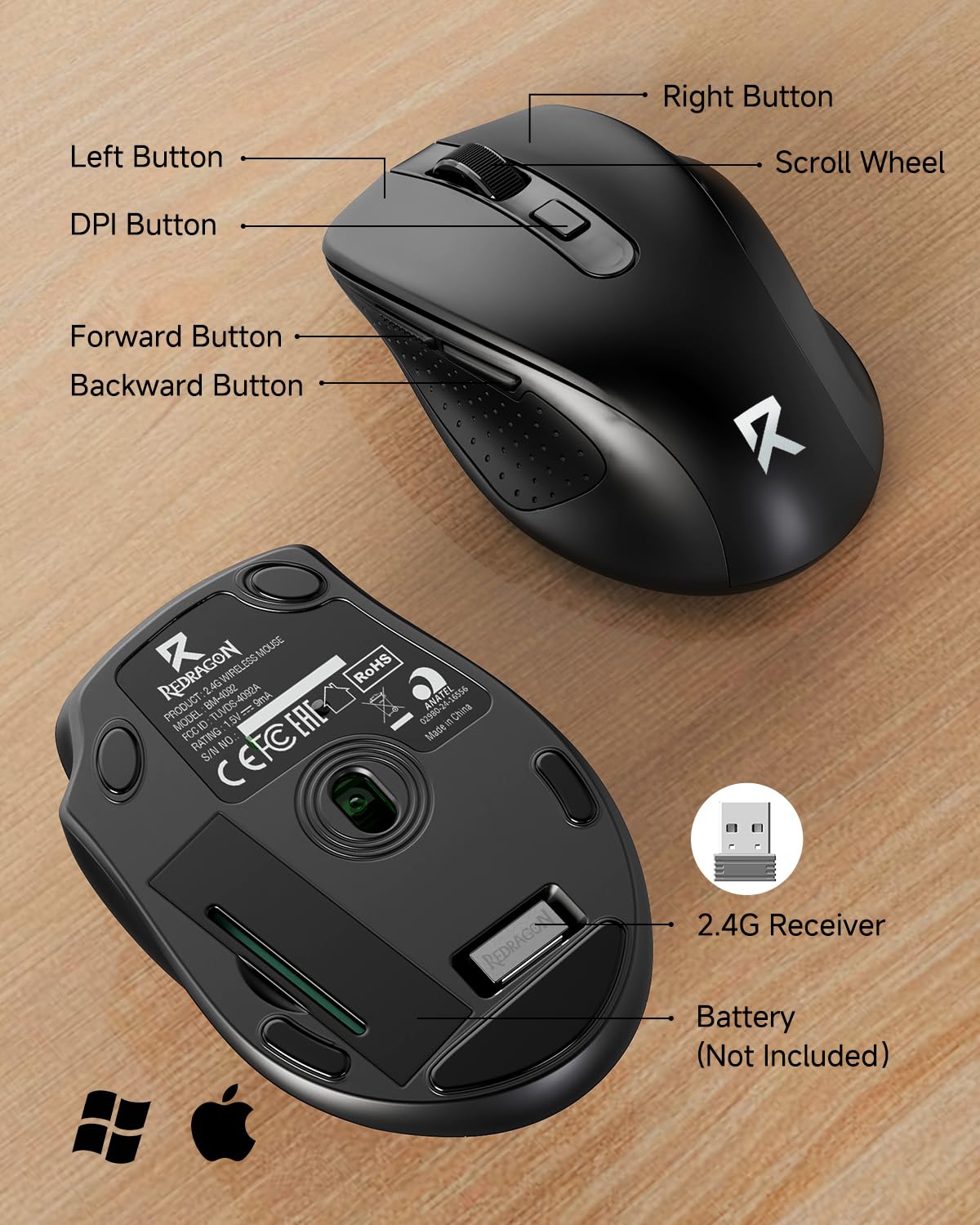 Redragon BM-4092 Wireless Mouse, 5 Level 4000DPI, 18 Months Battery, 2.4GHz Cordless, Portable Optical Computer Mouse for Laptop, PC, Chromebook, Windows, Mac, for Small Hand