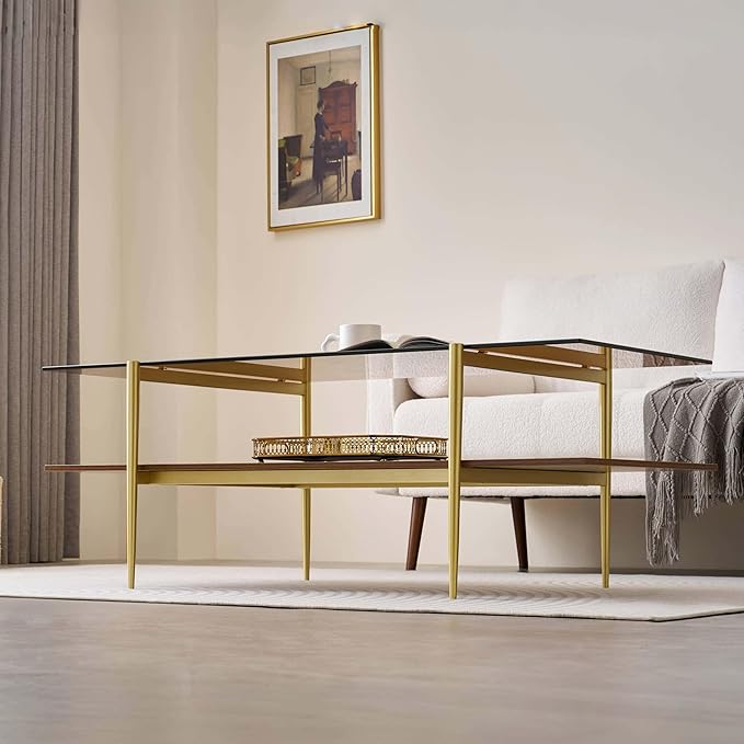 LumFurn Extra Large Rectangle Glass Coffee Table, Mid-Century Modern Design
