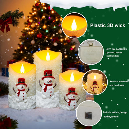 LCZLUMIPRO Snowman Flameless Candles with Remote & Timer - 3 Pcs Winter Battery Operated LED Pillar Candles, Real Wax Electric Candles in Warm White for Christmas Table, Mantel & Home Decor