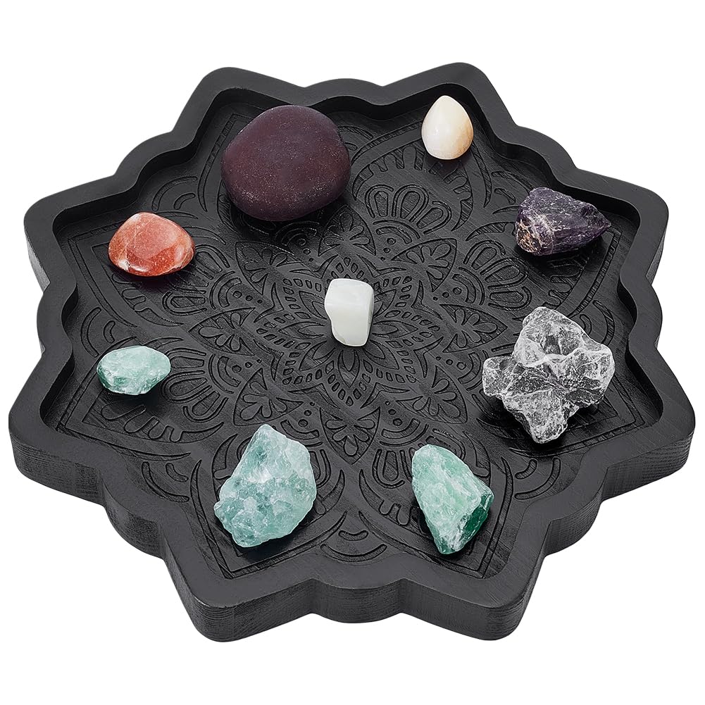 UNICRAFTALE Lotus Crystal Tray for Stones Mandala Stone Display Tray Crystals and Stones Flower Wooden Crystal Storage Holder Tray Black Fancy Decorative Jewelry Display Trays Organizer Bowl Decor