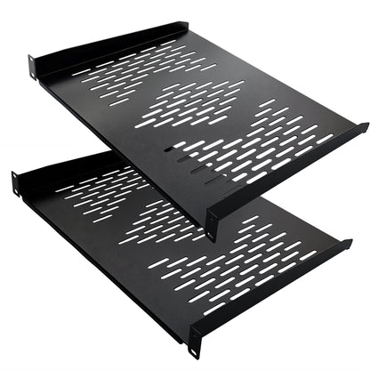 RIVECO 2 Pieces 1U Rack Shelves 19” Tray Cabinet Mount Vented Cantilevers for Network Equipment Shelf Mounting, 14 Inches 35CM Depth, Black 2PCS
