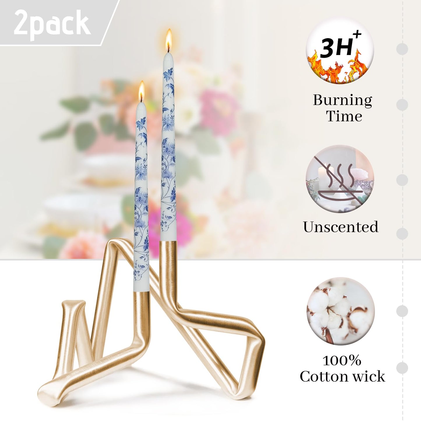 Chinoiserie Printed Taper Candle White with Water Lily Floral Candlesticks 10 Inch Drip Handmade Long Tapered Candles, Set of 2 for Wedding & Home Decor