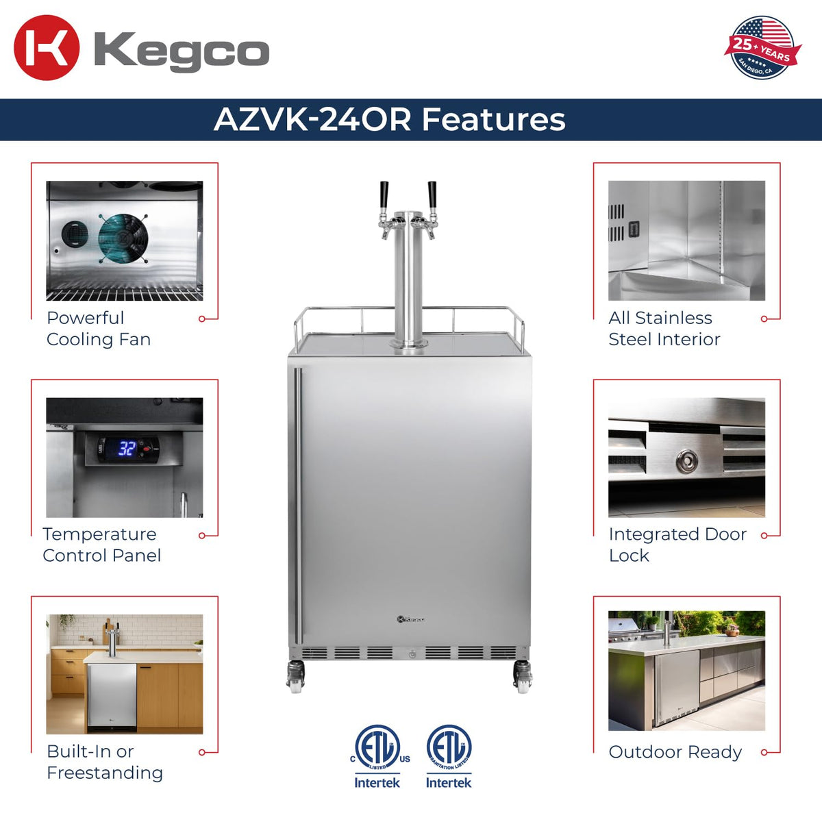 Kegco 24" Wide Outdoor Build-In Dual Tap Stainless Steel Right Hinge Kegerator with Dispense Kit