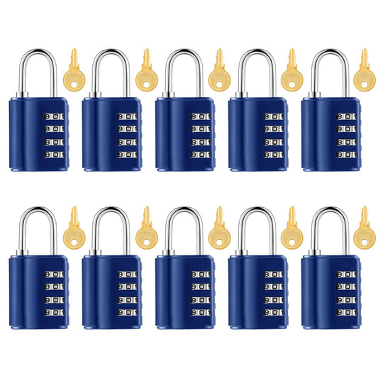 Kenning Combination Padlock 4 Digit Combination Lock with Keys Locker Resetable Security Outdoor Waterproof Gate Lock for School Sports Gym Locker Employee Fence Case(Sapphire,10 Pcs)