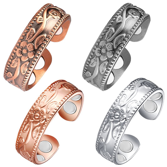 Vicmag Copper Magnetic Ring for Women, Magnetic Rings Ladies Fingers Thumb 100% Solid Pure Copper Jewelry Gift Adjustable (4PCS Flower)