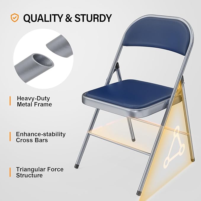 VINGLI 6 Pack Folding Chairs with Padded Seats, Metal Frame with Pu Leather Seat & Back, Capacity 350 lbs, Blue