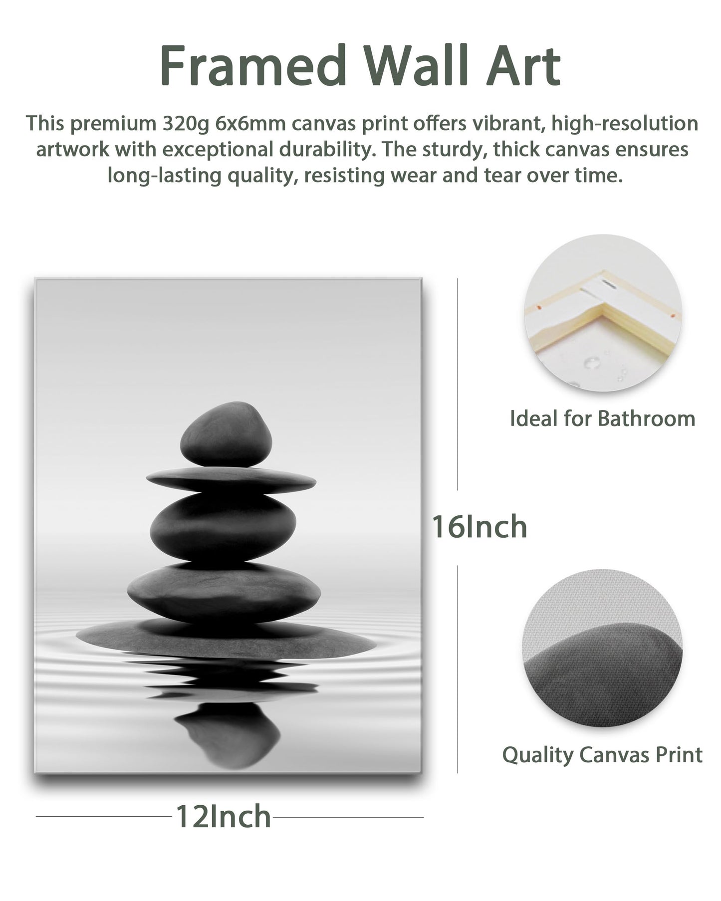 HesenDot 12x16in Black and White Zen Stones Wrapped Canvas Frame Wall Art