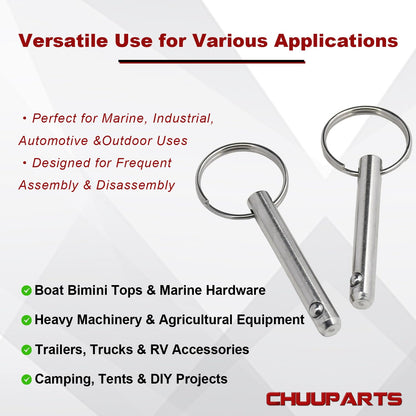 Chuuparts Set of 2 Quick Release Pins, 5/16" (8mm) Diameter, 2.17" (55mm) Total Length, 1.54" (39mm) Usable Length, Made of 316 Stainless Steel, Ideal for Bimini Tops and Marine Hardware
