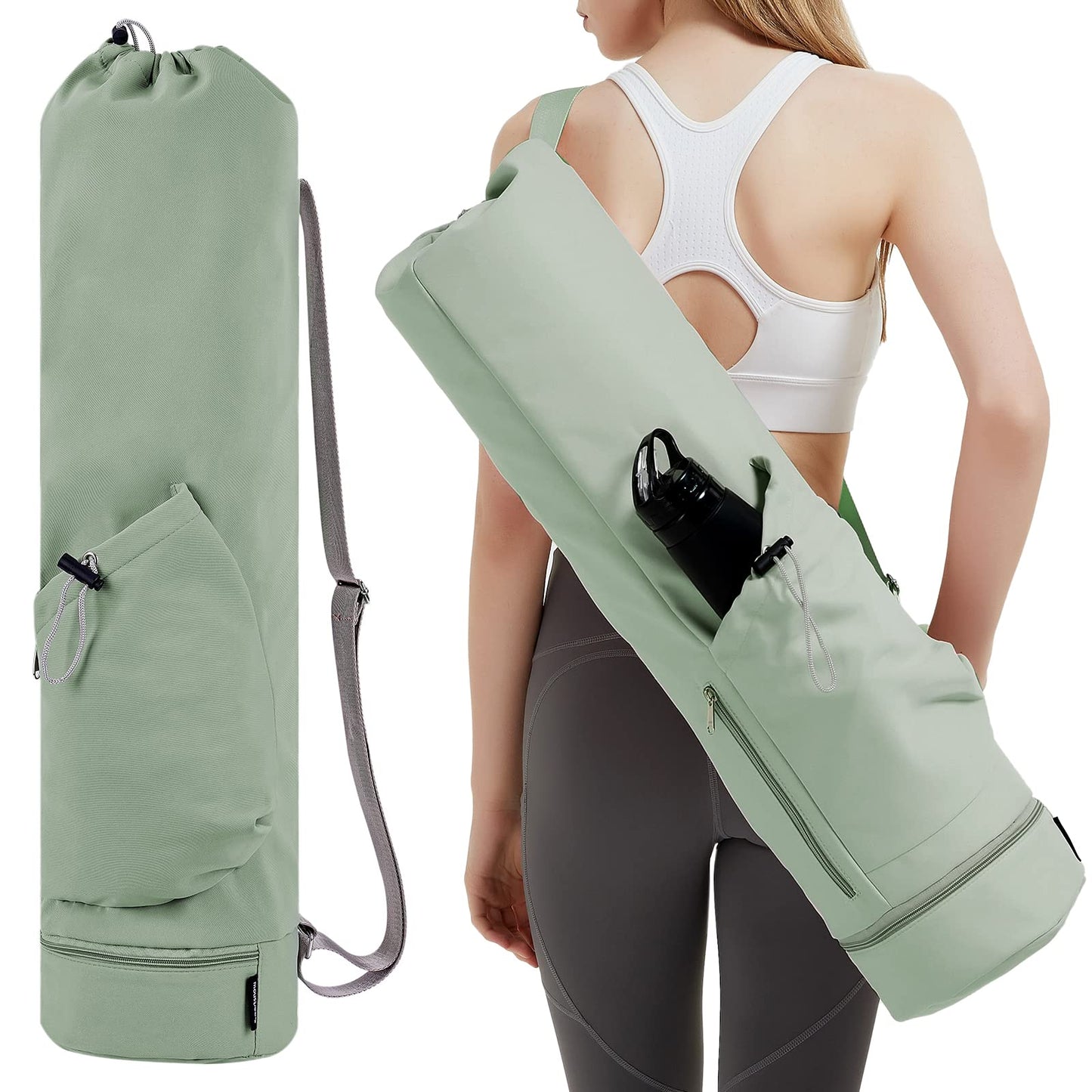 sportsnew Yoga Mat Bag with Water Bottle Pocket and Bottom Wet Pocket, Exercise Yoga Mat Carrier Multi-Functional Storage Bag, Green,Patent pending