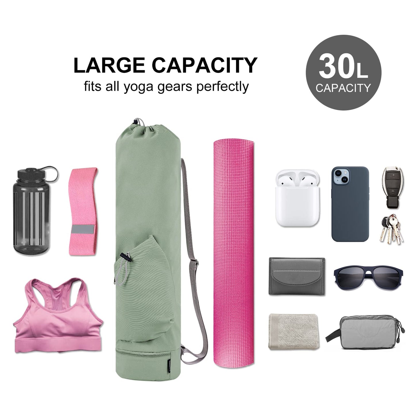 sportsnew Yoga Mat Bag with Water Bottle Pocket and Bottom Wet Pocket, Exercise Yoga Mat Carrier Multi-Functional Storage Bag, Green,Patent pending