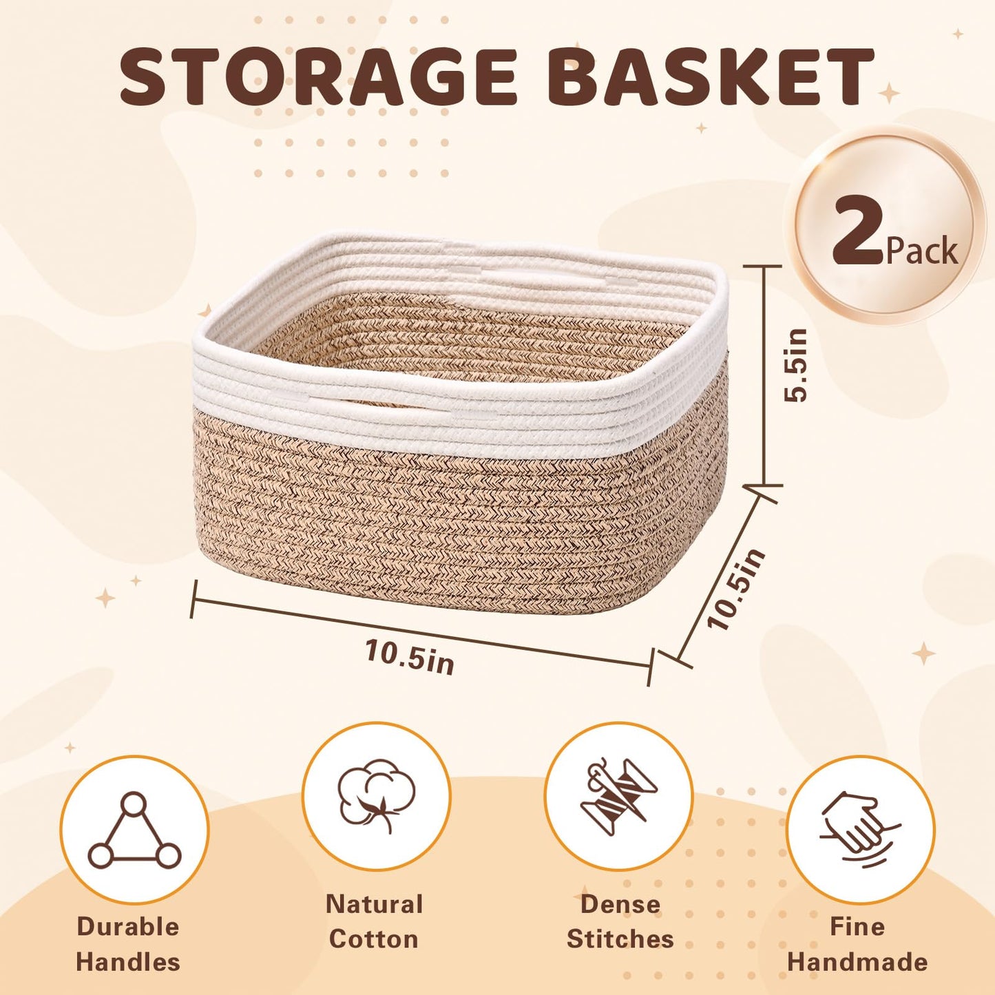 Storage Baskets for Shelves, 2 Pack Shallow Basket - 10.5" x 10.5" x 5.5", Rope Baskets for Organizing Toys, Snacks, Cube Storage Bins for Closet, Bedroom, Nursery, Brown & White