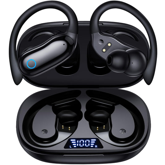 GNMN Active Noise Cancelling Ear Buds Wireless Earbuds 96hrs Playback Bluetooth Headphones Dual Battery Display Stereo Bass Earphones with Earhooks Microphone IPX7 Waterproof for Sports/Workout